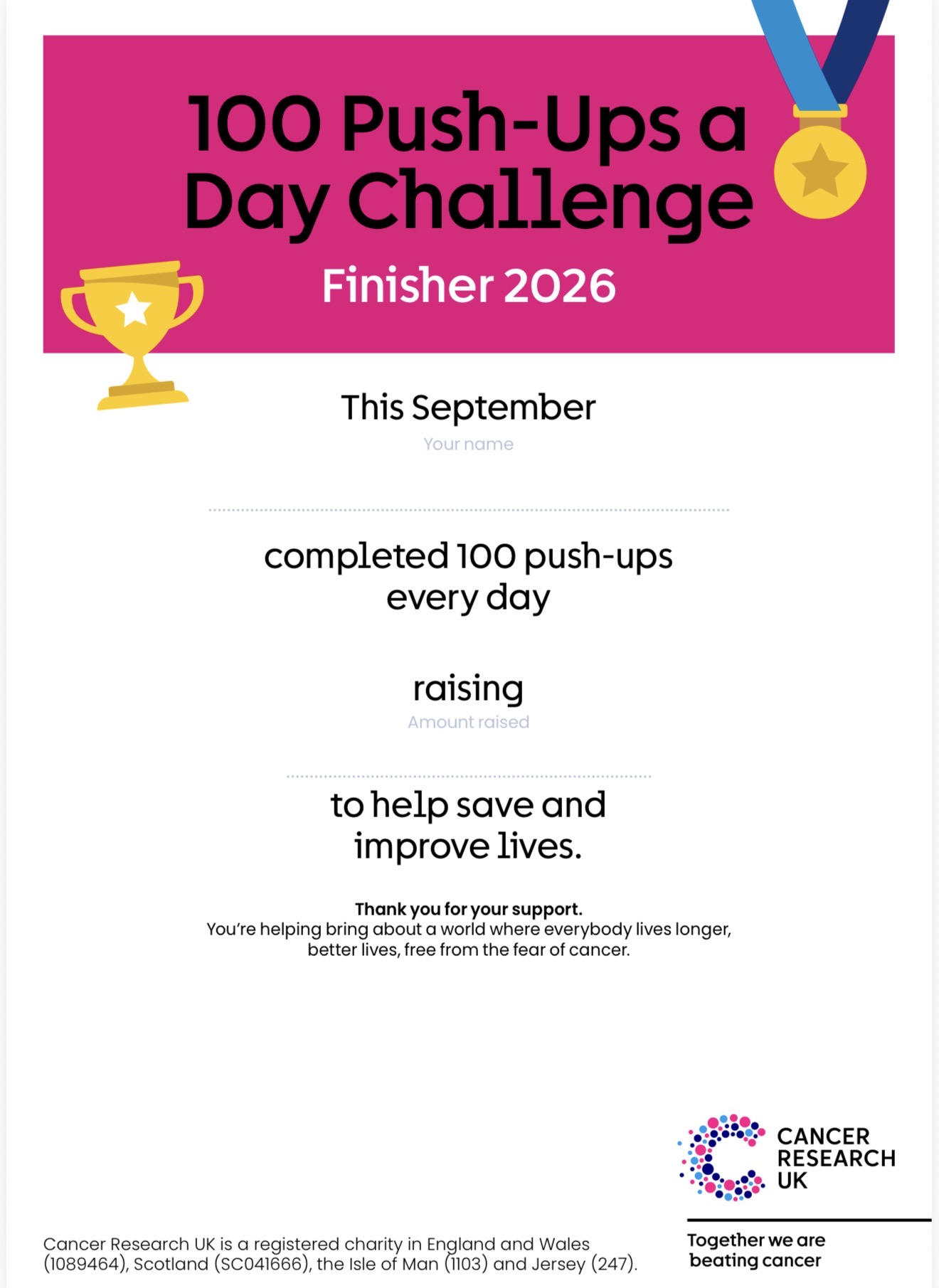 Cancer Research UK 100 Push-Ups a Day Challenge Finisher 2026 certificate